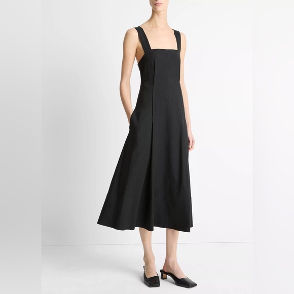 NWT Vince Linen Blend Square Neck Dress Midi Black 8
